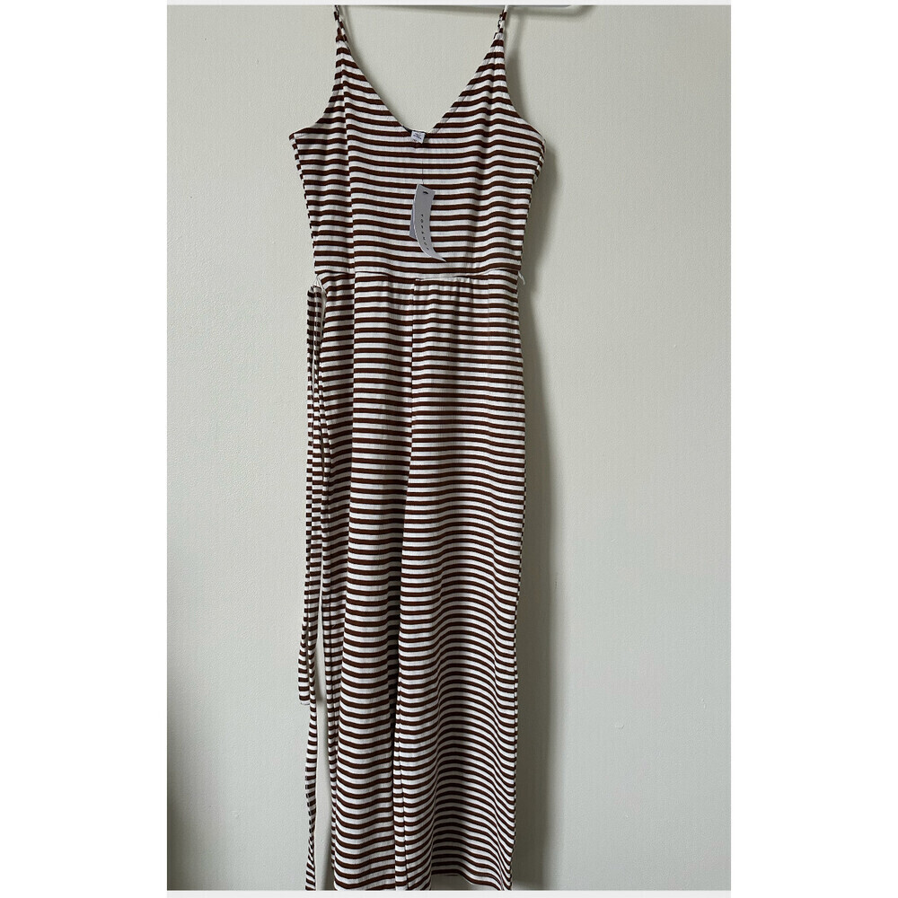 Topshop Strappy Belted Jumpsuit In White Brown Stripe Size 8 US fits smaller
